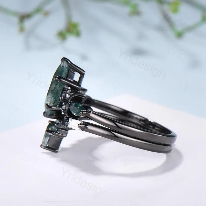Rings PENFINE Black gold kite cut moss agate ring Unique crescent moon star engagement ring art deco delicate bridal wedding set handmade anniversary gift