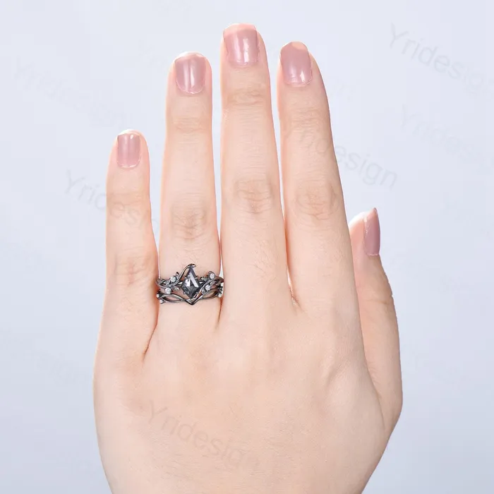 Rings PENFINE Elegant Kite cut salt pepper diamond engagement ring vintage pepper diamond bridal set unique leaf vine ring nature inspired wedding set