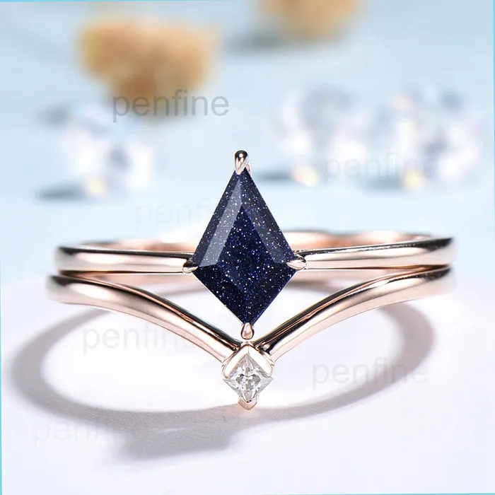 Rings PENFINE Galaxy Kite Cut Blue Sandstone Wedding Ring Set Art Deco Star Blue Stone Engagement Ring Ret For Women