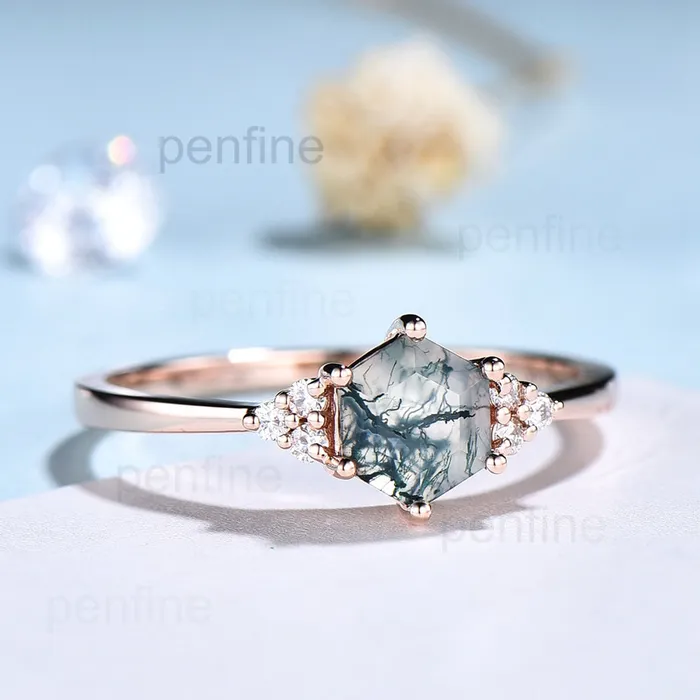 Rings PENFINE Hexagon Moss Agate Engagement Ring Gold Cluster Moissanite Diamond Women Wedding Ring Unique Anniversary Bridal Promise Ring