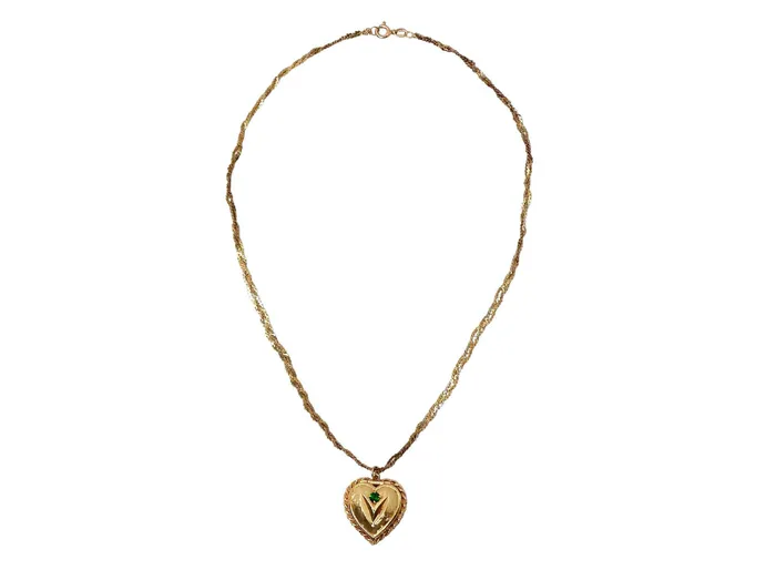 Vintage by Misty 1961 HeartShaped Engraved 14k Gold Locket Necklace With Emerald Flower Motif Necklaces Vintage by Misty 1961 HeartShaped Engraved 14k Gold Locket Necklace With Emerald Flower Motif Necklaces