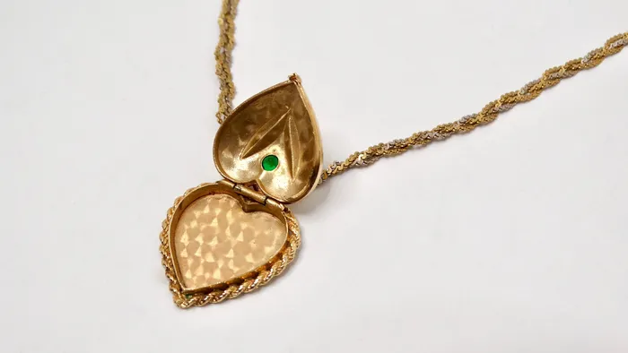 Vintage by Misty 1961 HeartShaped Engraved 14k Gold Locket Necklace With Emerald Flower Motif Necklaces