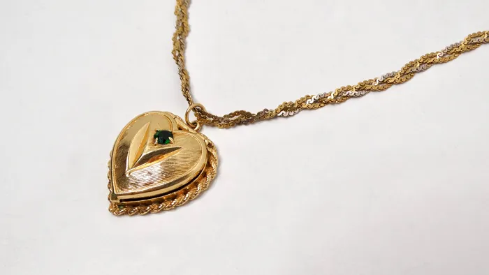 Vintage by Misty 1961 HeartShaped Engraved 14k Gold Locket Necklace With Emerald Flower Motif Necklaces