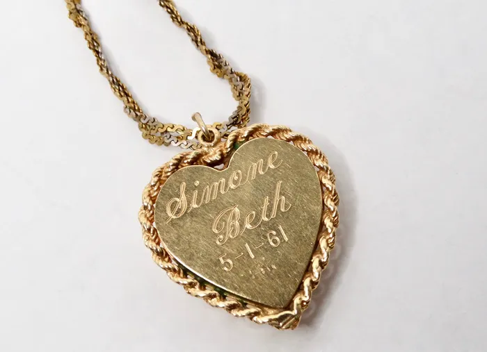 Vintage by Misty 1961 HeartShaped Engraved 14k Gold Locket Necklace With Emerald Flower Motif Necklaces