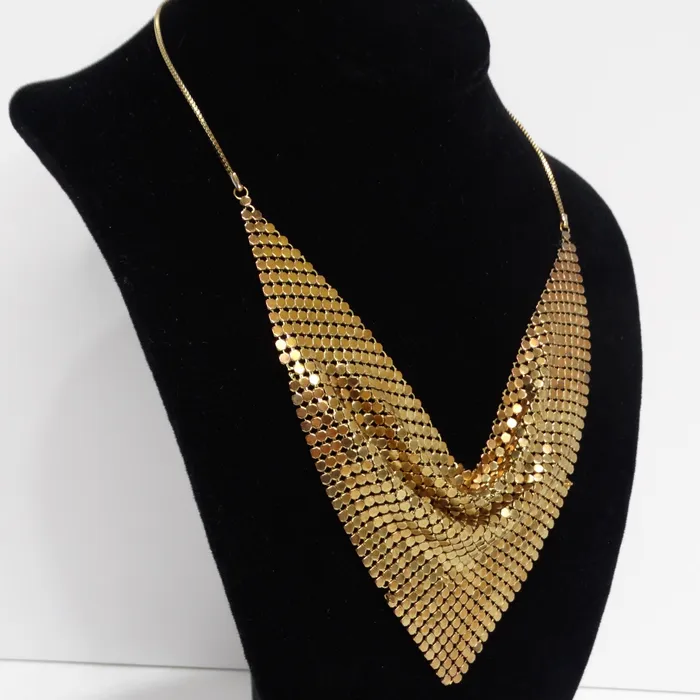 Vintage by Misty Necklaces 1990s Gold Tone Chainmail Cowl Neck Bib Necklace