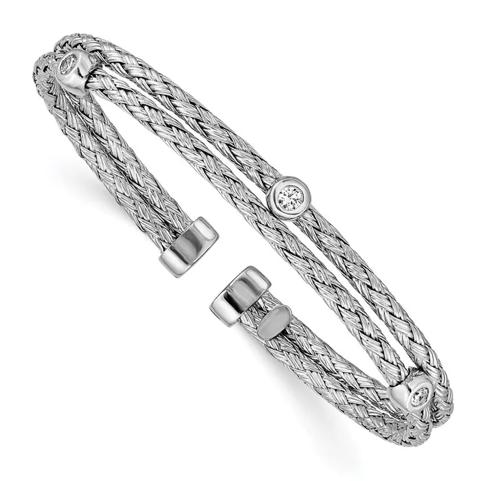 WB Choice Jewelry Rings Sterling Silver Polished Rhodiumplated Double Strand CZ Cuff BangleWBCQB977