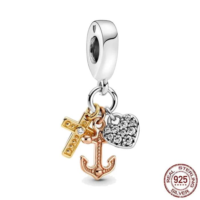 Ali Express Bracelets Cross Anchor Heart TriColor Charm Pandora Style Sterling Silver Christian Bracelet