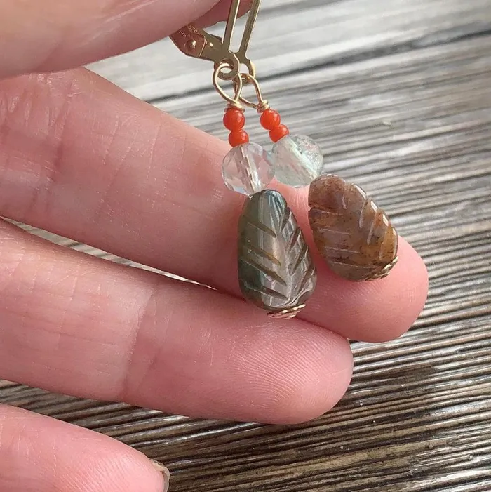 Earrings Love Vintage Paris Carved Agate Leaf Earrings Fluorite and Coral Gold Filled Handmade