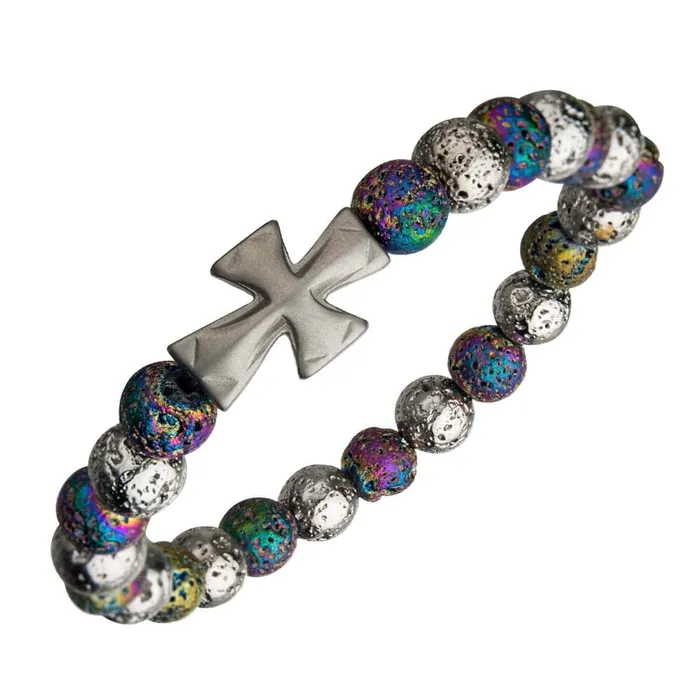 INOX JEWELRY Silver Tone Stainless Steel Cross and Multicolored Lava Bead Bracelet Bracelets