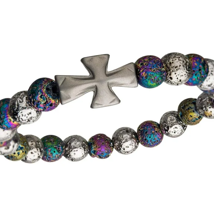 INOX JEWELRY Silver Tone Stainless Steel Cross and Multicolored Lava Bead Bracelet Bracelets