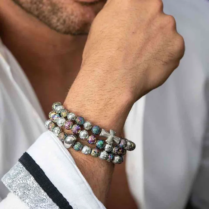 INOX JEWELRY Silver Tone Stainless Steel Cross and Multicolored Lava Bead Bracelet Bracelets