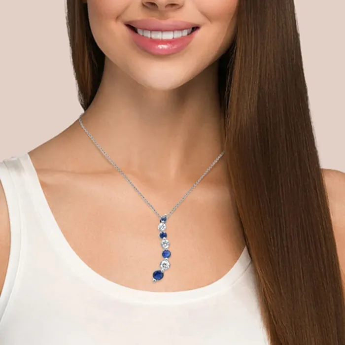 Natural Diamond and Blue Sapphire Journey Pendant Necklace 18 Long Chain 42ct G SI 14K White Gold Sonara Necklaces