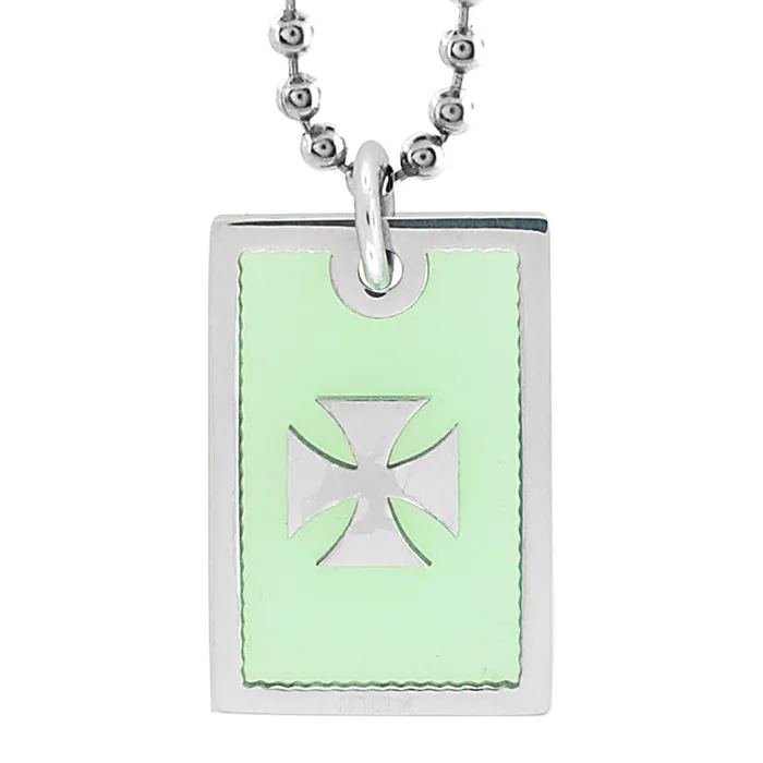 Silver Tone Stainless Steel Cross in Green Resin Pendant INOX JEWELRY Necklaces