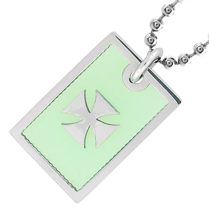 Silver Tone Stainless Steel Cross in Green Resin Pendant INOX JEWELRY Necklaces